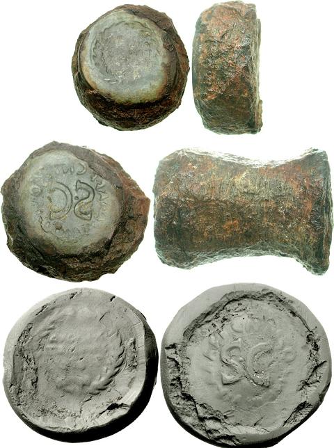 Triton XIII, Lot: 309. Una coppia di conii formata da un Dritto per coniare Dupondi e un rovescio per coniare tutti i tipi di bronzo a nome di Cn. Piso.