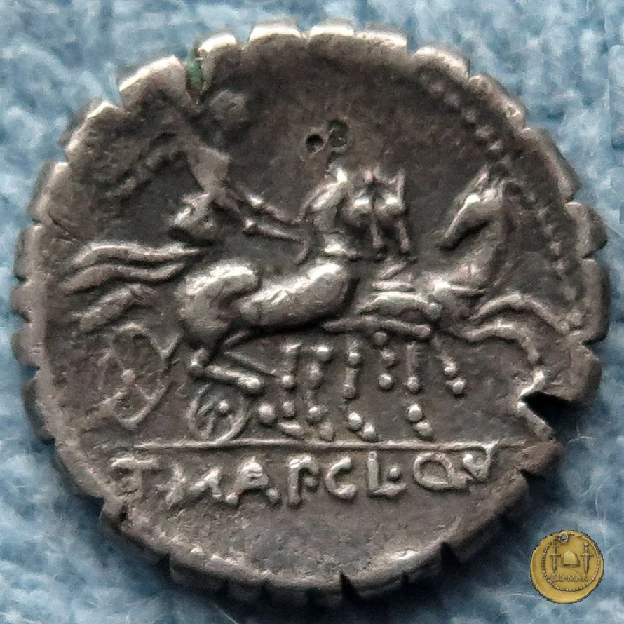 299/1b - denario T. Manlius Mancinus/ Ap. Claudius Pulcher/ Q. Urbiniu 111-110&nbsp;BC (Roma)